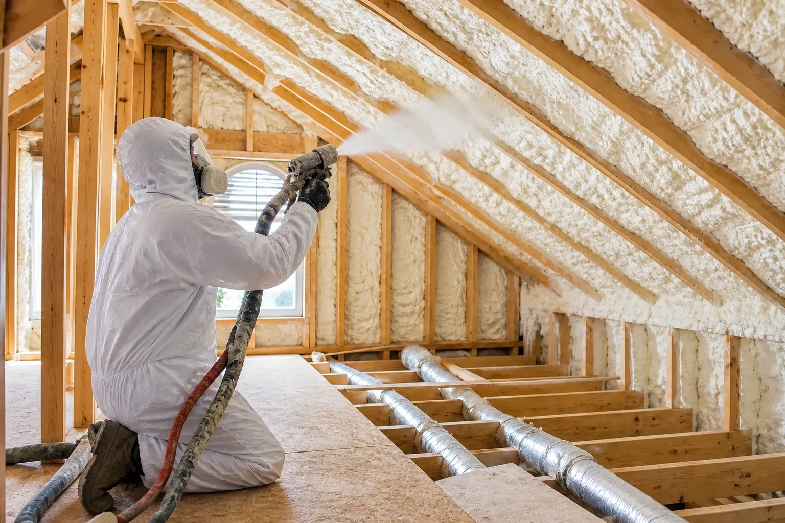 A worker in protective gear sprays foam insulation along the roof of an attic with exposed wooden rafters.