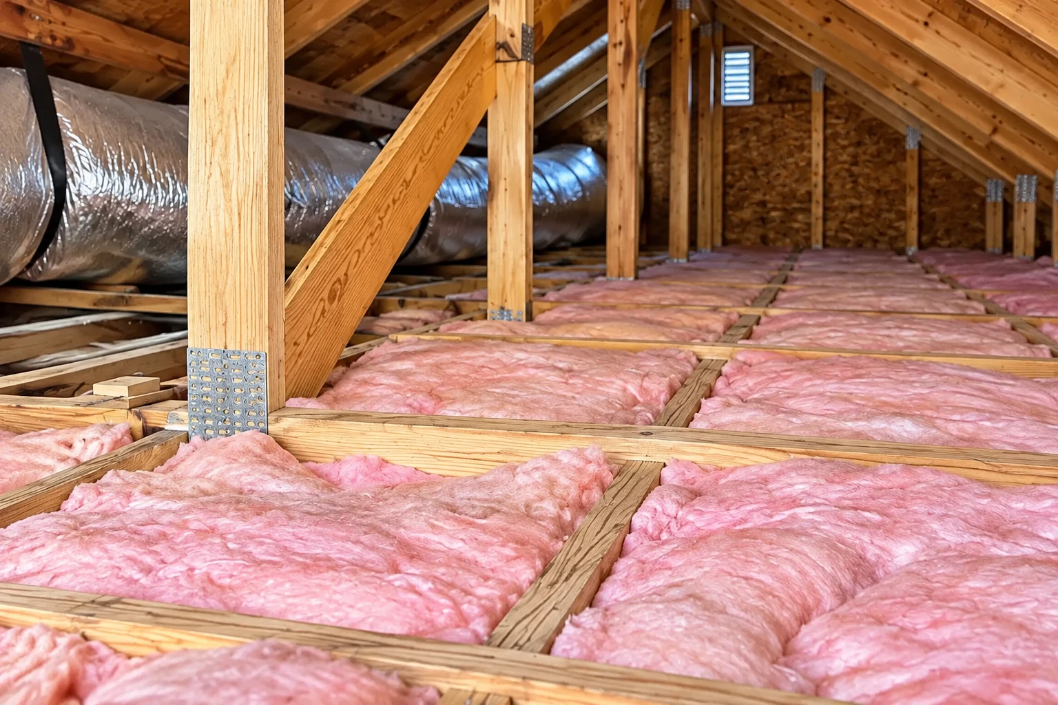 Pink fiberglass batts fill the floor joists in a wooden attic, with a large silver HVAC duct running along the left side.