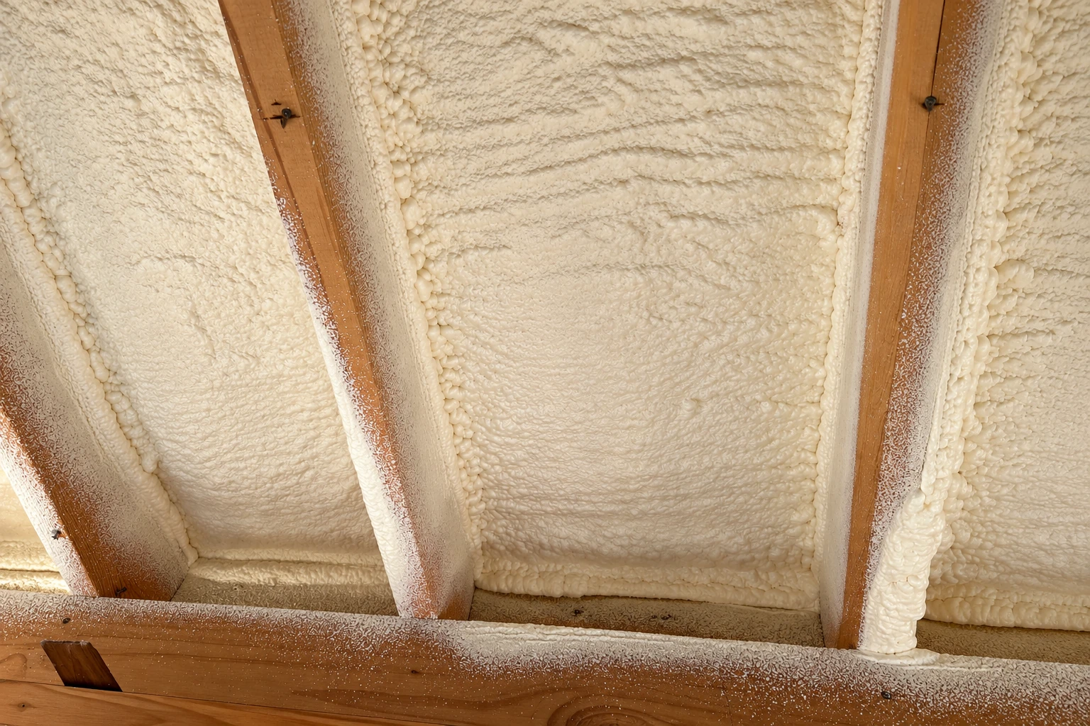 Close-up of thick cream-colored spray foam filling the spaces between wooden attic rafters.
