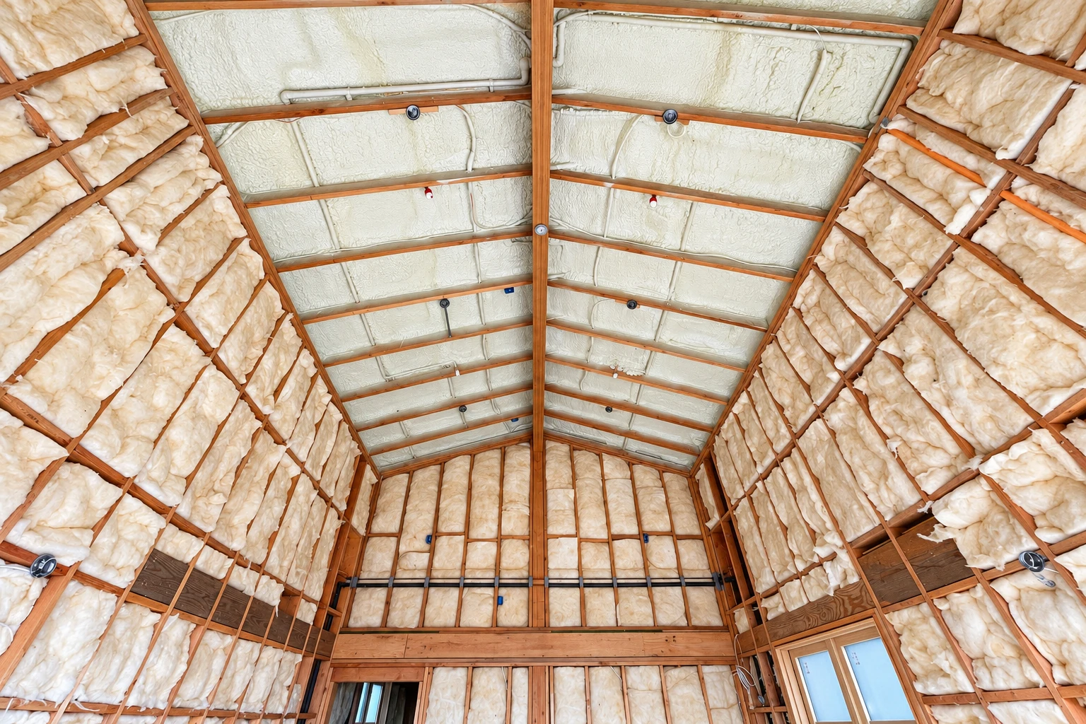 White spray foam coats the roof underside, while cream insulation fills the wooden wall cavities in a tall attic.