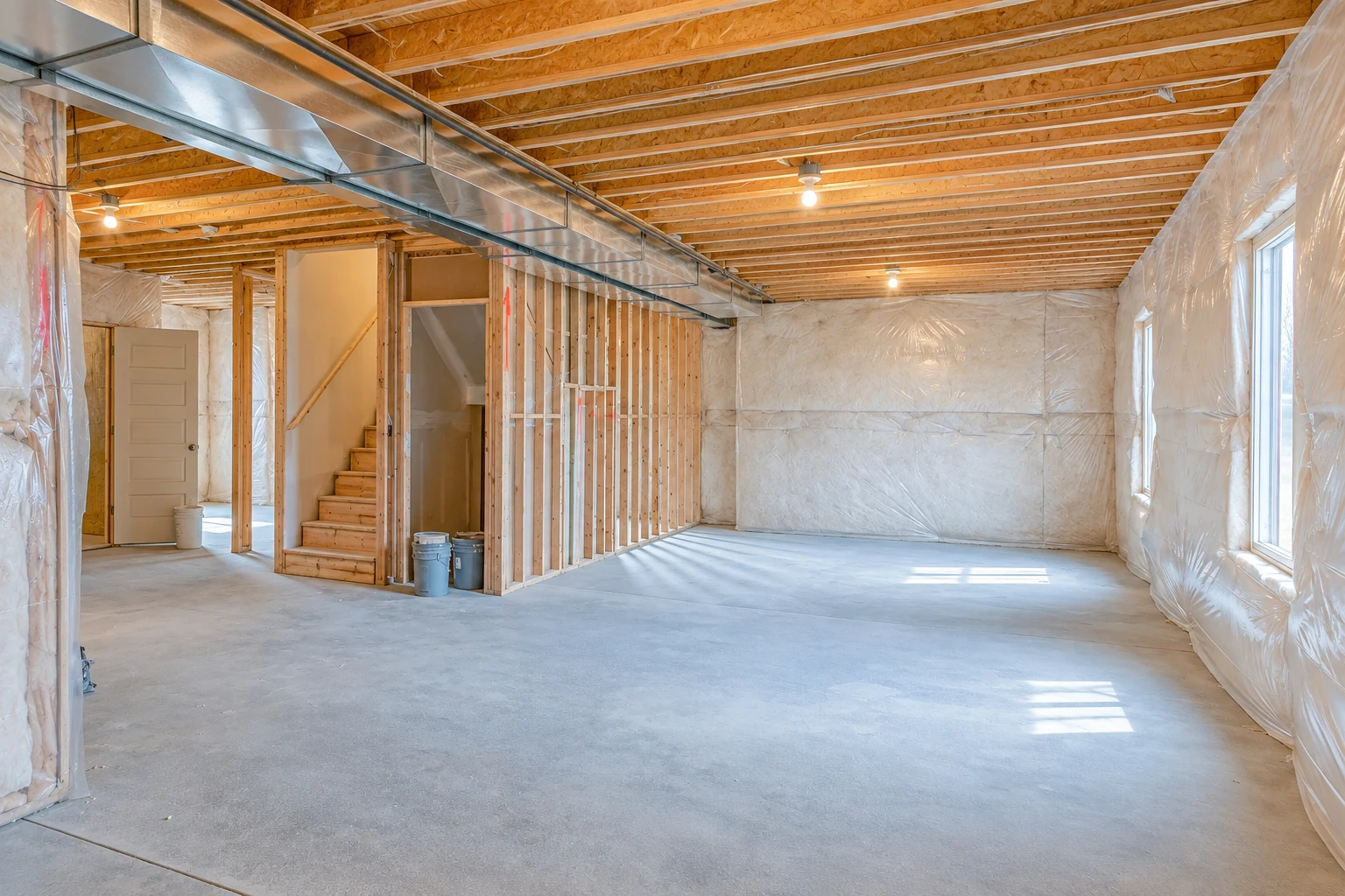 Unfinished basement with white plastic-covered walls, exposed ceiling joists, ductwork, and a concrete floor.