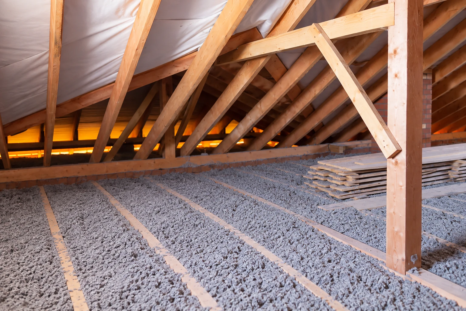 Loose gray blown-in insulation covers an attic floor beneath exposed wooden roof trusses, with stacked boards at right.