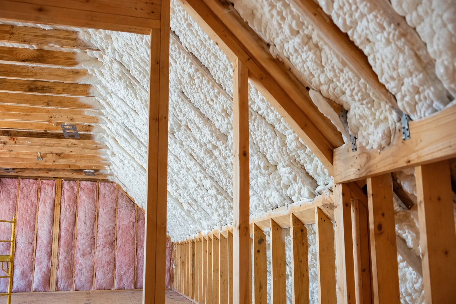 Exposed rafters and wall framing coated with white spray foam, with pink batt insulation in the far wall.
