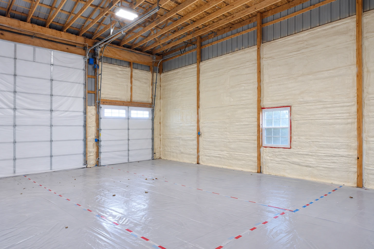 Commercial insulation lines the walls of a large garage, with exposed rafters, two garage doors, and a small window.