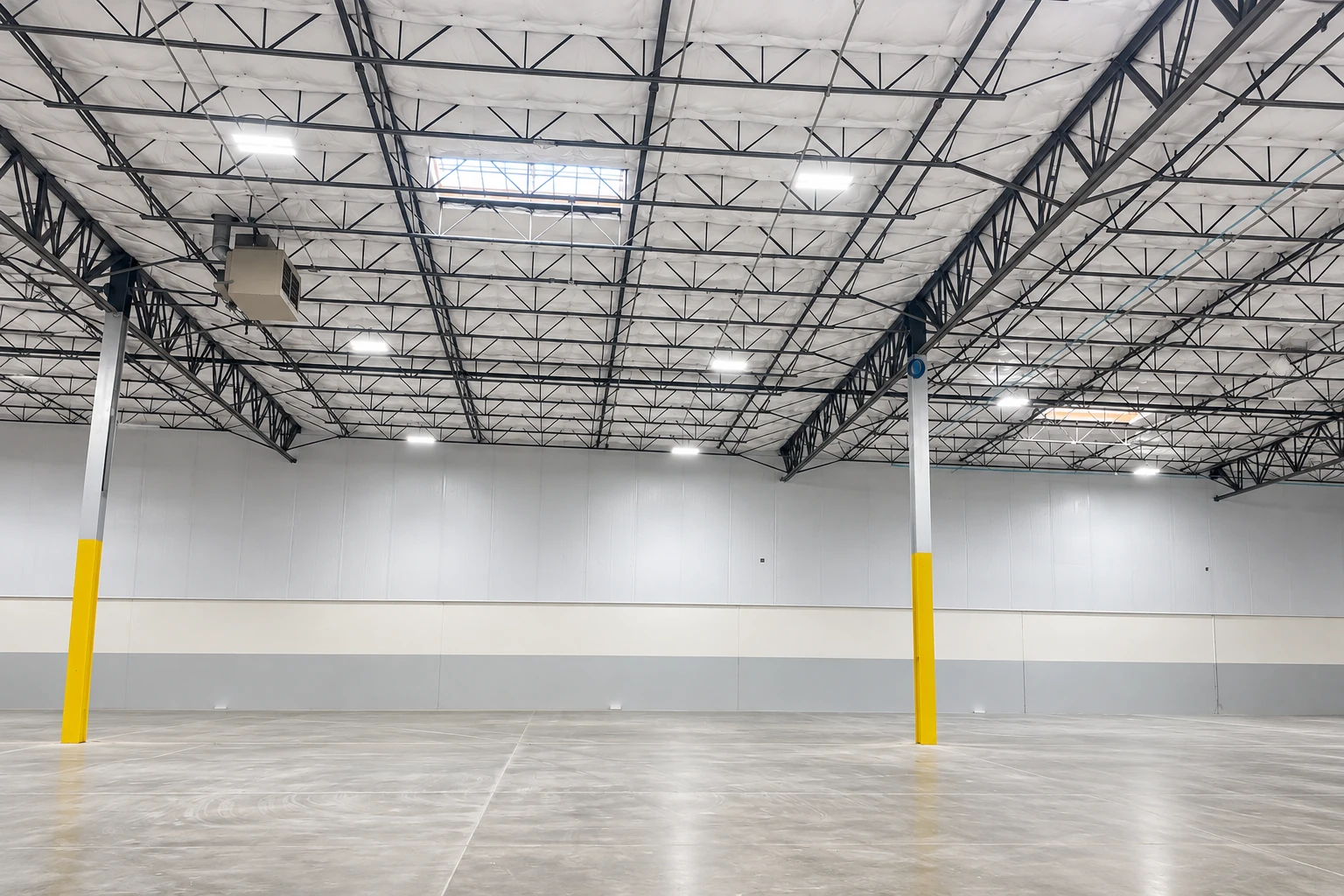 White insulation lines the ceiling of a large commercial warehouse with black steel trusses, bright lights, and yellow-based columns.