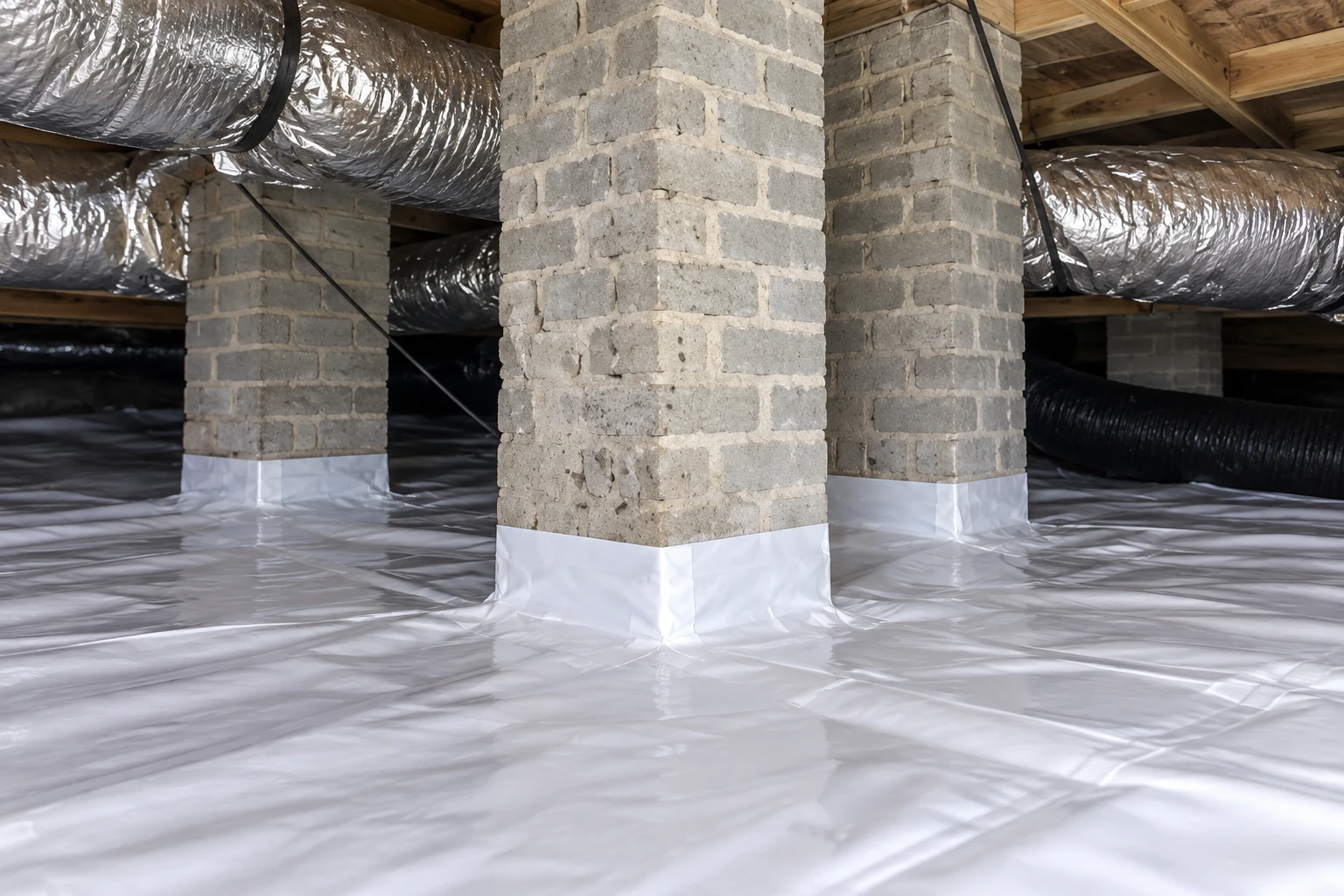 Crawl space floor covered with a white vapor barrier, with brick piers and shiny ductwork overhead.