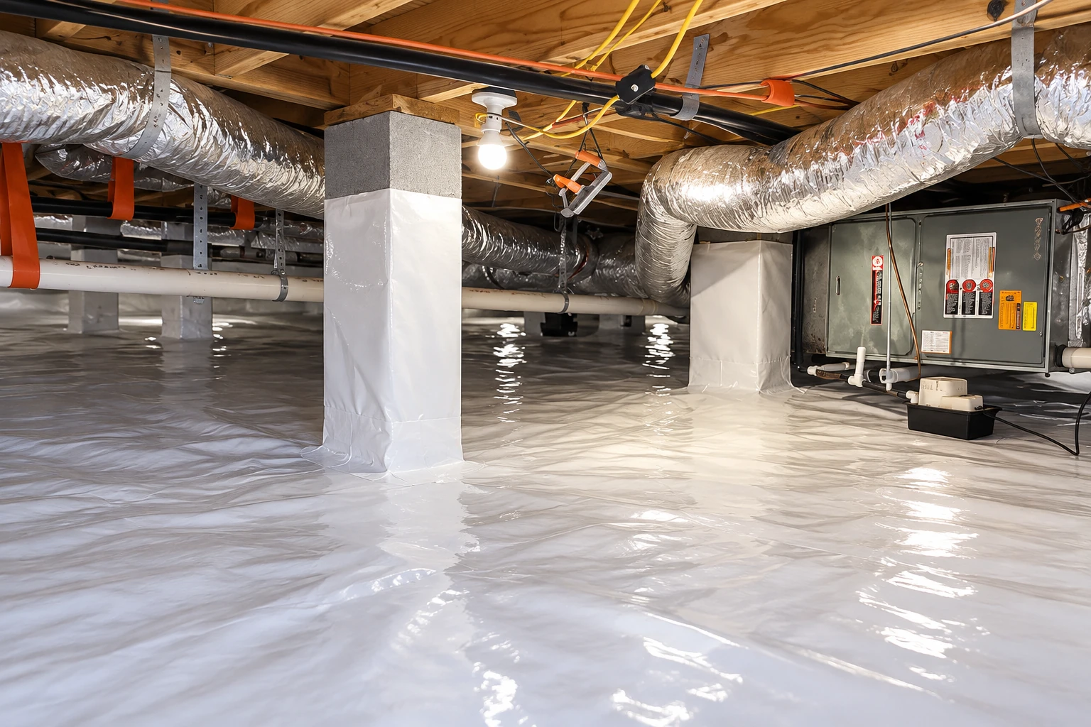 A crawl space has a white vapor barrier covering the floor, with silver ducts, pipes, and equipment overhead.