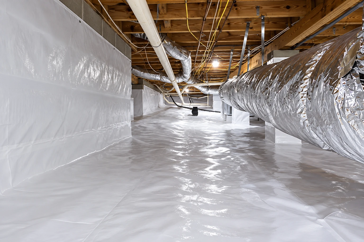 A crawl space is covered with a white vapor barrier across the floor and lower walls, beneath ducts and exposed floor joists.