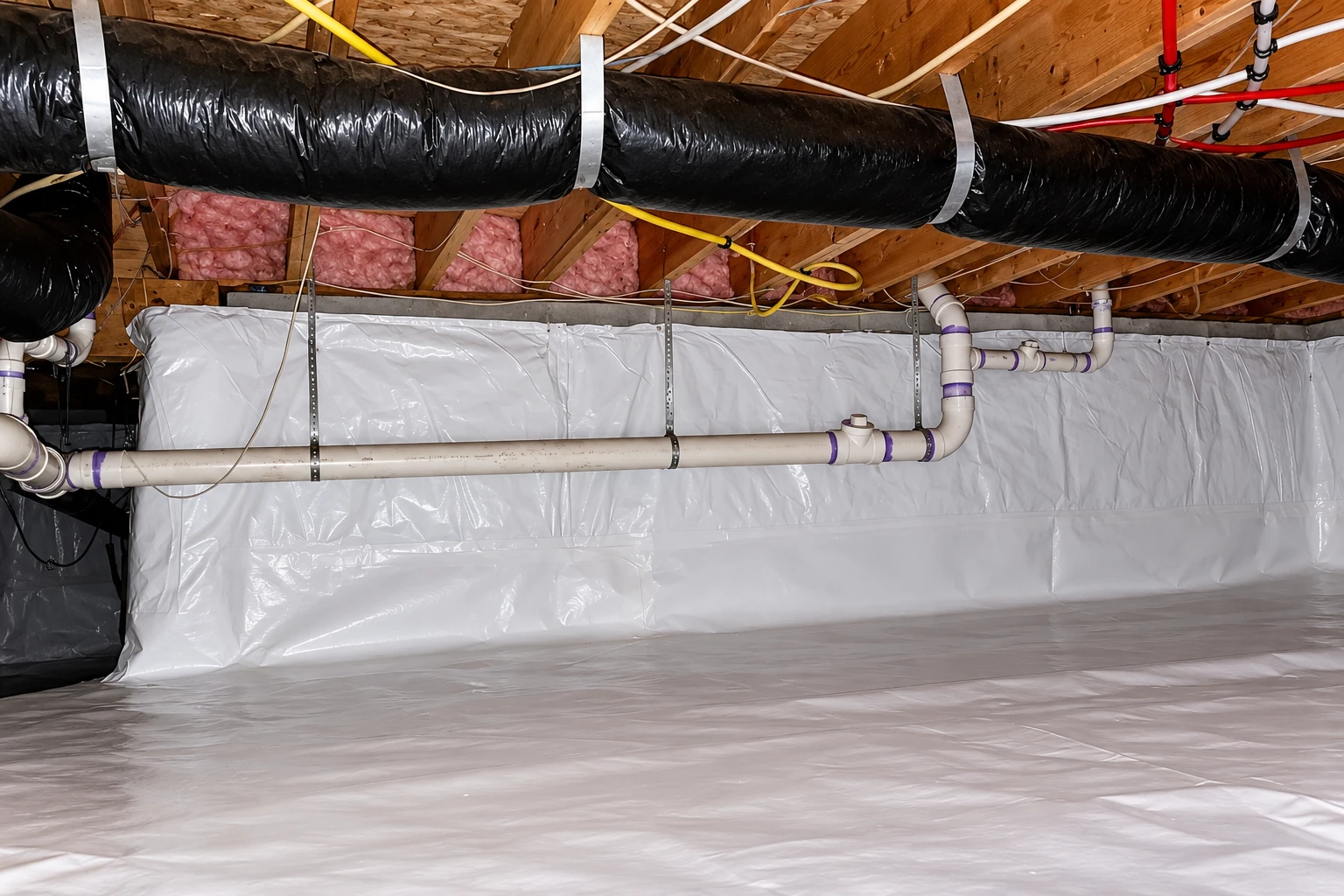 Crawl space lined with a white vapor barrier across the floor and walls, with ducts, pipes, and pink insulation overhead.