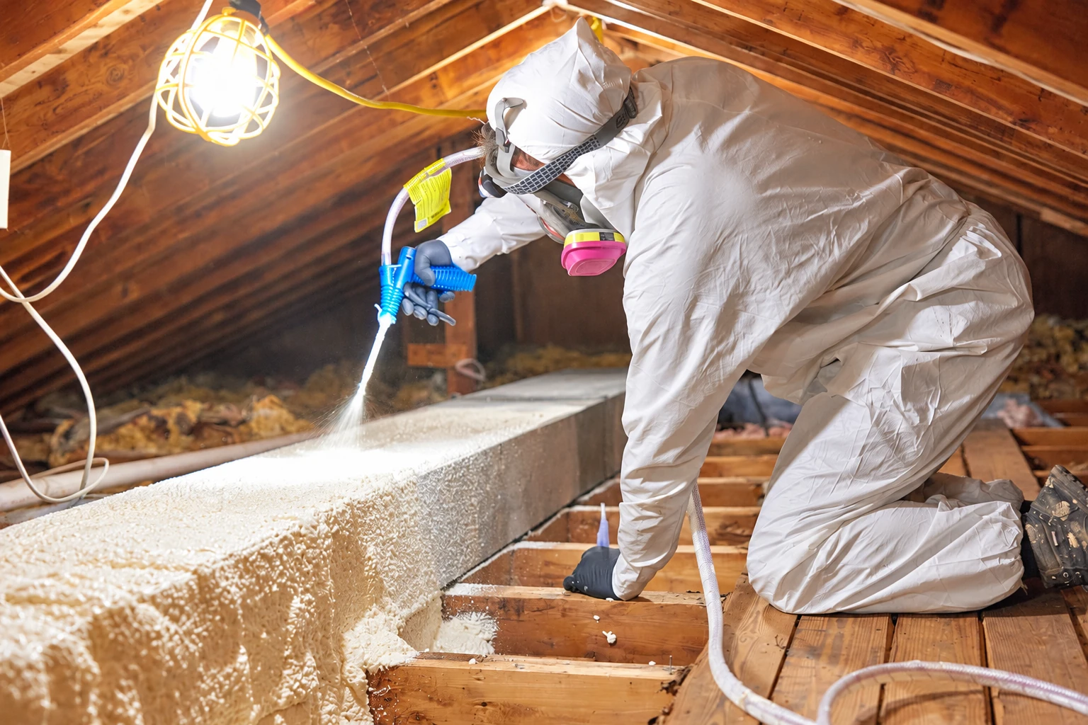 A worker in protective coveralls and a respirator sprays foam insulation onto an attic surface.