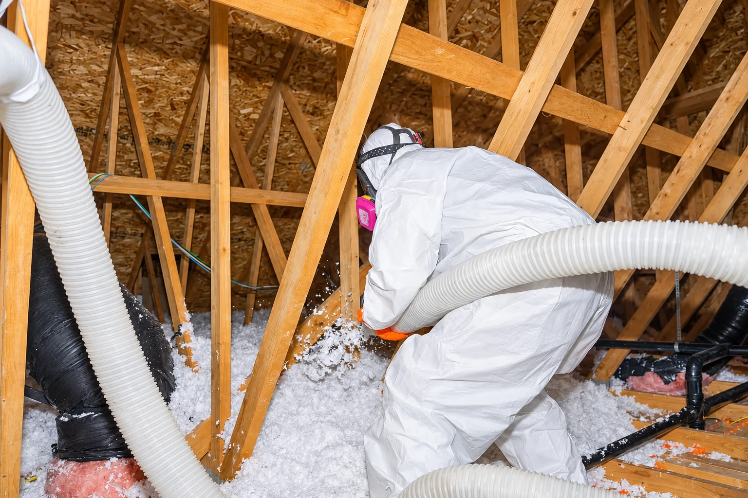 Worker in protective coveralls blowing loose-fill insulation into an attic through a large flexible hose.