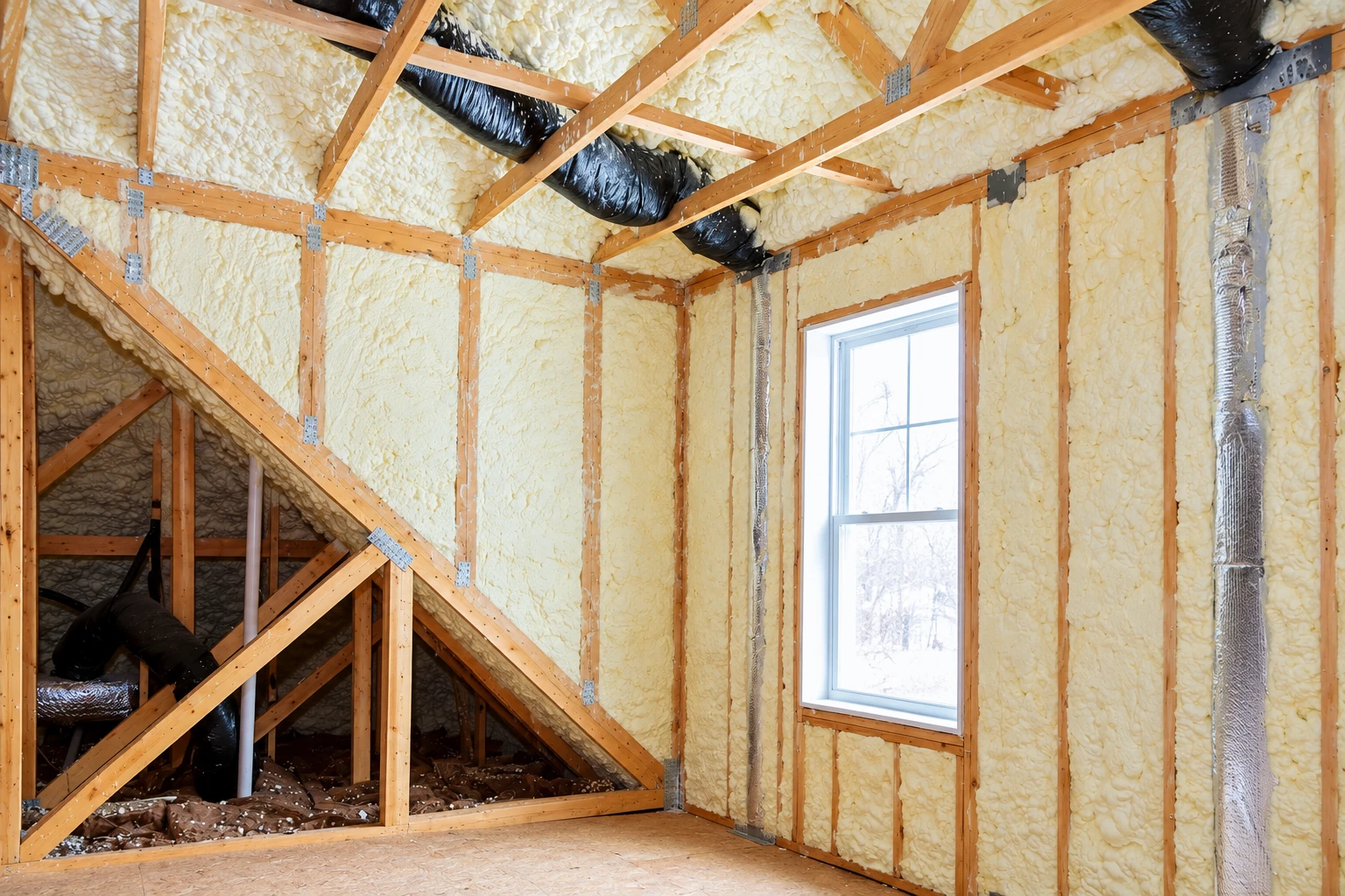 Cream-colored open-cell spray foam fills the wall and roof cavities of a wood-framed room beside a window.