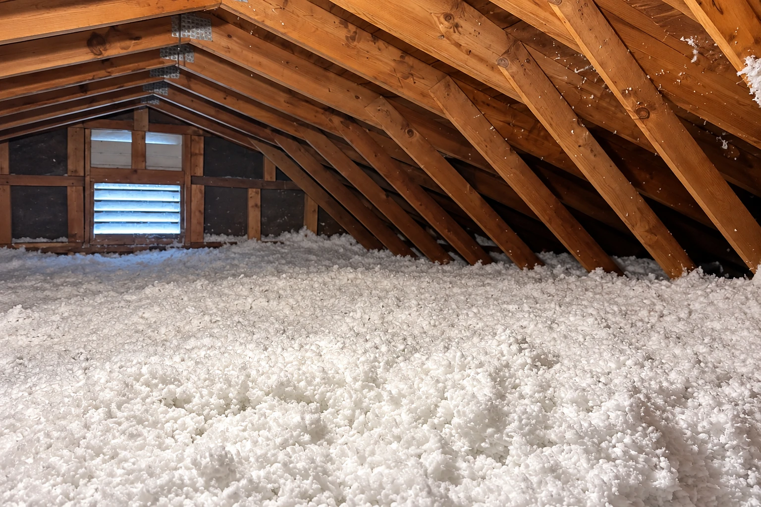 Loose white blown-in insulation covers an attic floor beneath exposed wooden roof trusses and a louvered vent.