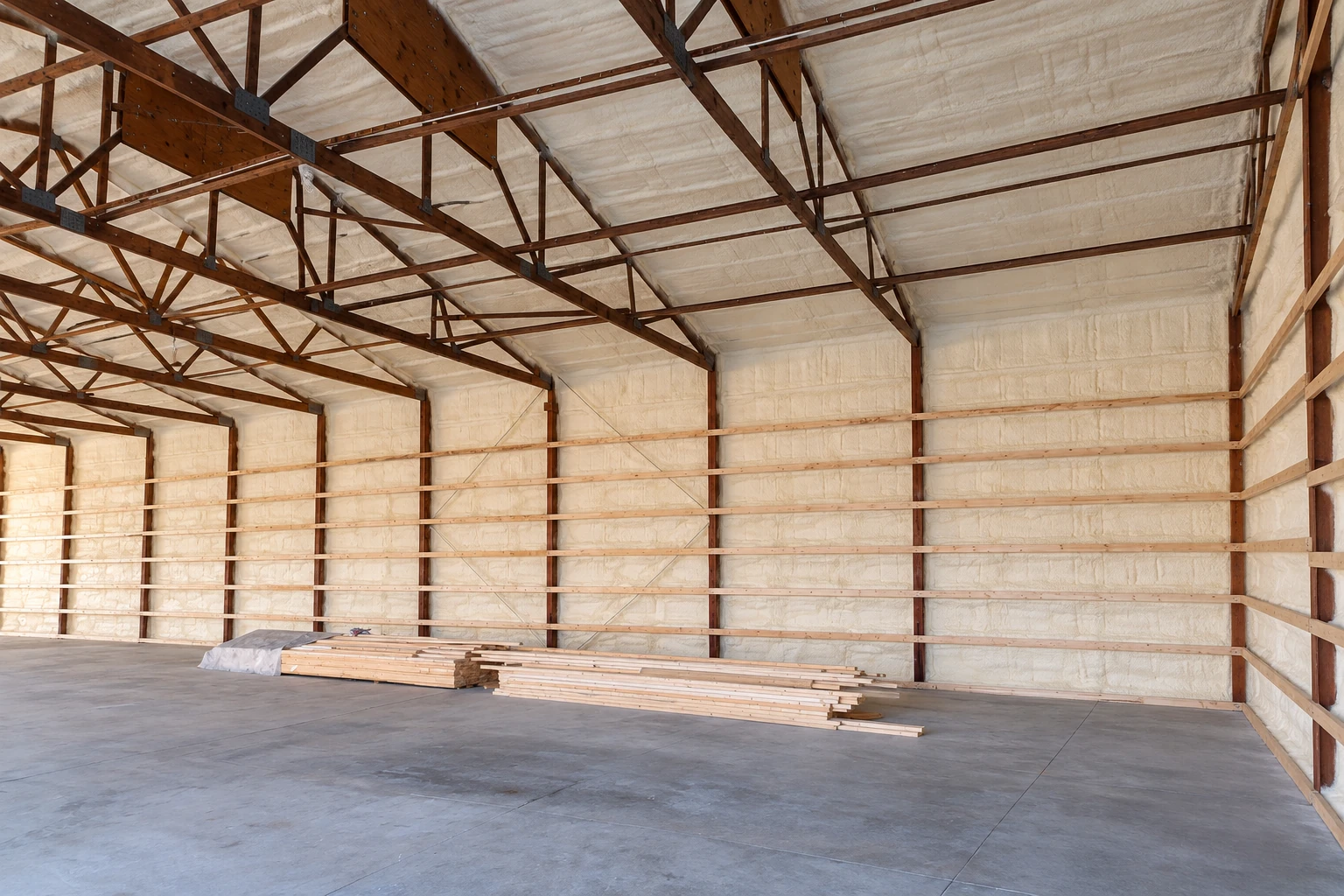 Commercial spray foam insulation coats the walls and roof of a large timber-framed building, with lumber stacked on the concrete floor.