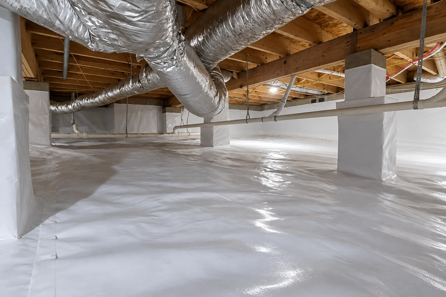 White vapor barrier covers the floor and support piers in a crawl space beneath exposed joists and large ducts.
