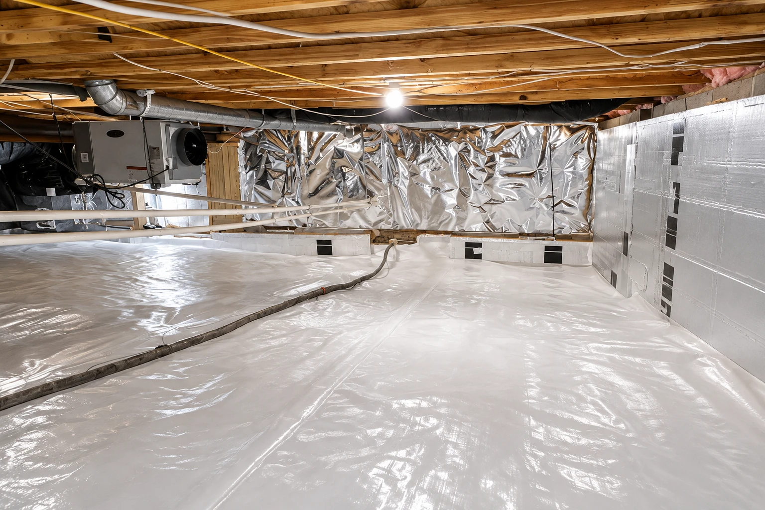 A crawl space has reflective vapor barrier covering the floor and lower walls beneath exposed joists and ductwork.