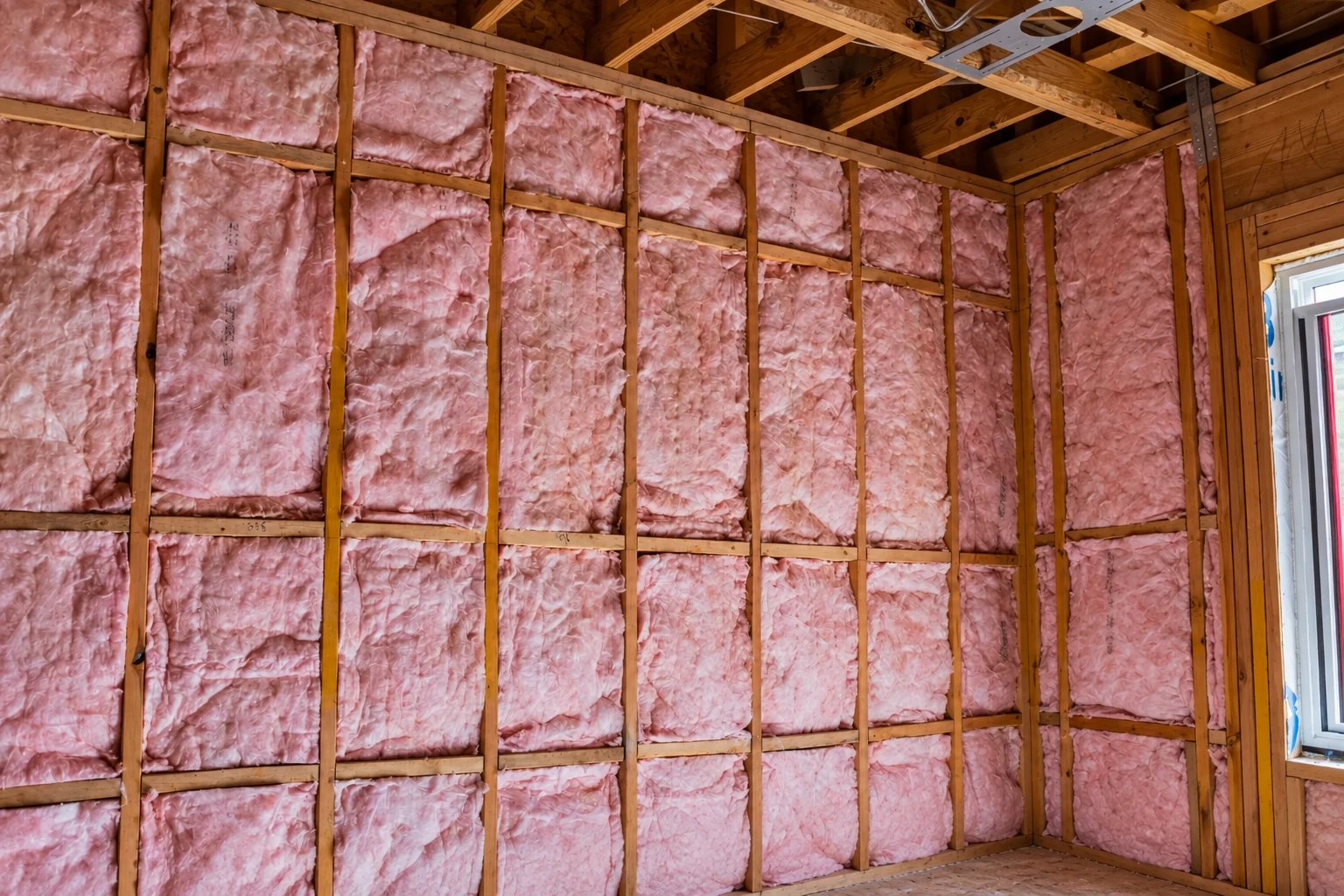 Unfinished wall cavities filled with pink fiberglass insulation between exposed wooden studs.