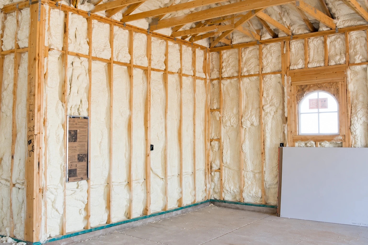 Wall studs packed with white spray foam insulation in an unfinished room with exposed roof framing and an arched window.